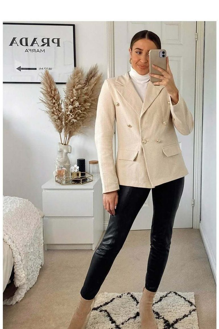 Beige structured blazer with button detail