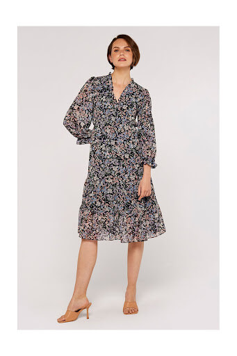An image of a model wearing a floral wrap midi dress