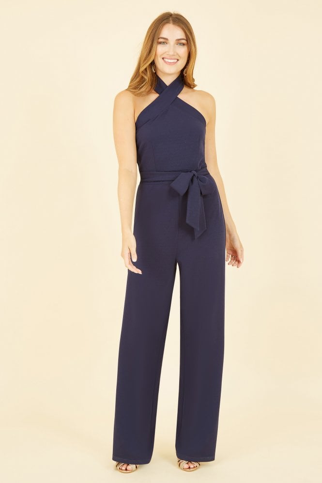 Navy Cross Over Halter Neck Jumpsuit