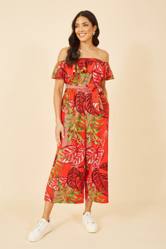 Red Tropical Leaf Print Bardot Jumpsuit 