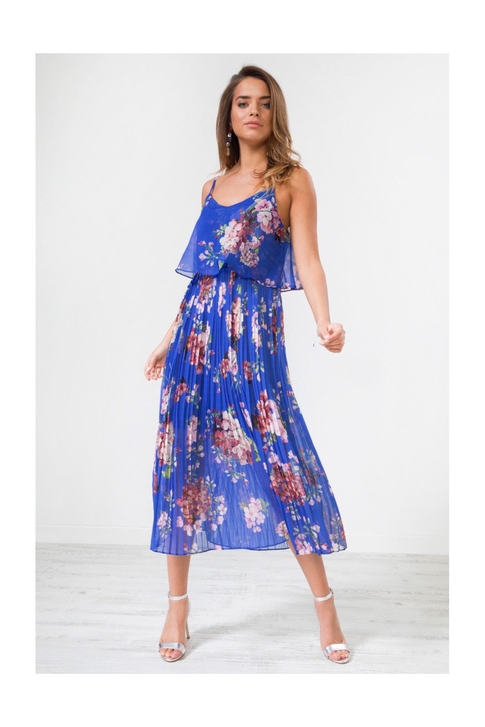 Blue Print Pleated Midi Dress